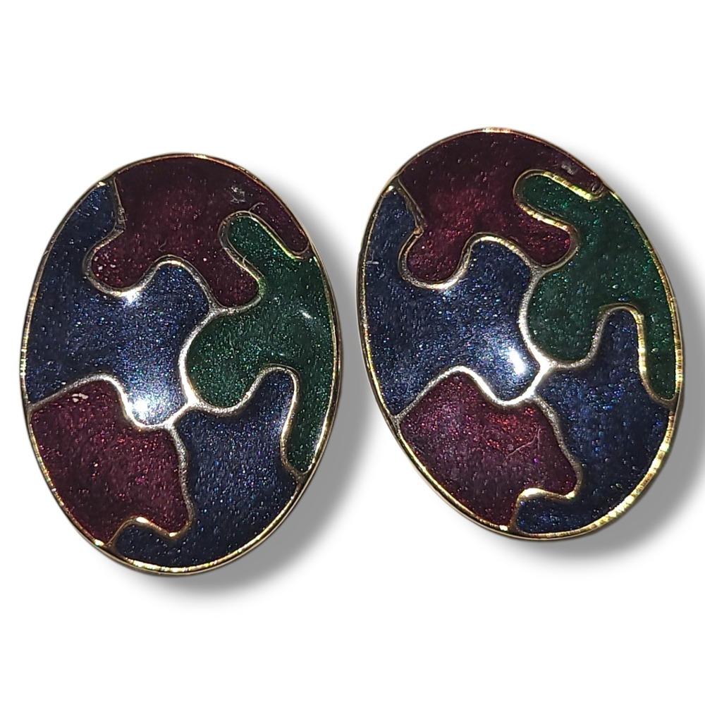 Vintage '80S Gold Tone Jewel Tone Enamel Clip-on Earrings